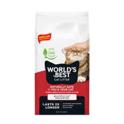 World's Best Cat Litter sachet avant montrant l'étiquette et facilité de stockage