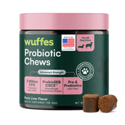 Wuffes emballage avant montrant 60 chews et bénéfice digestion équilibrée