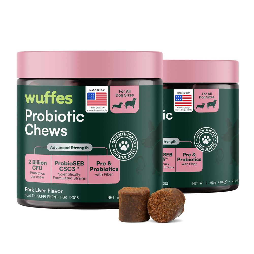 Wuffes emballage frontal montrant le lot 2-pack et 120 chews bénéfices digestifs
