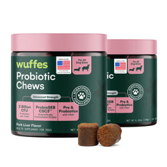 Wuffes emballage frontal montrant le lot 2-pack et 120 chews bénéfices digestifs