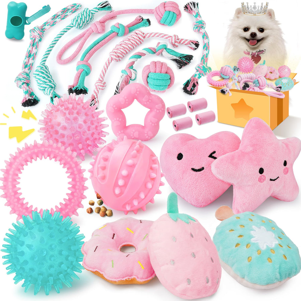 XIUGOAL emballage rose montrant l'ensemble de 23 jouets pour occupation du chiot