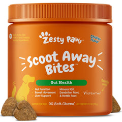 Zesty Paws boîte face montrant 90 chews pour digestion, pratique et rassurante