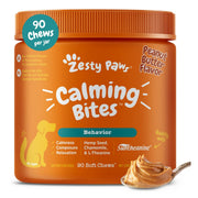 Zesty Paws emballage avant montrant pot 90 ct et effet apaisant