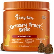 Zesty Paws emballage avant Cranberry Bites montrant contenu et bénéfices