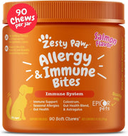 Zesty Paws emballage avant contenant 90 chews au saumon pour confort cutané