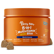 Zesty Paws emballage devant montrant la formule 8-en-1, bénéfice vue d’ensemble