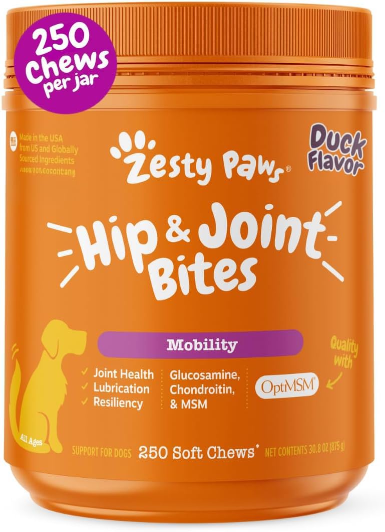 Zesty Paws emballage devant montrant format 250 comprimés et bénéfice mobilité