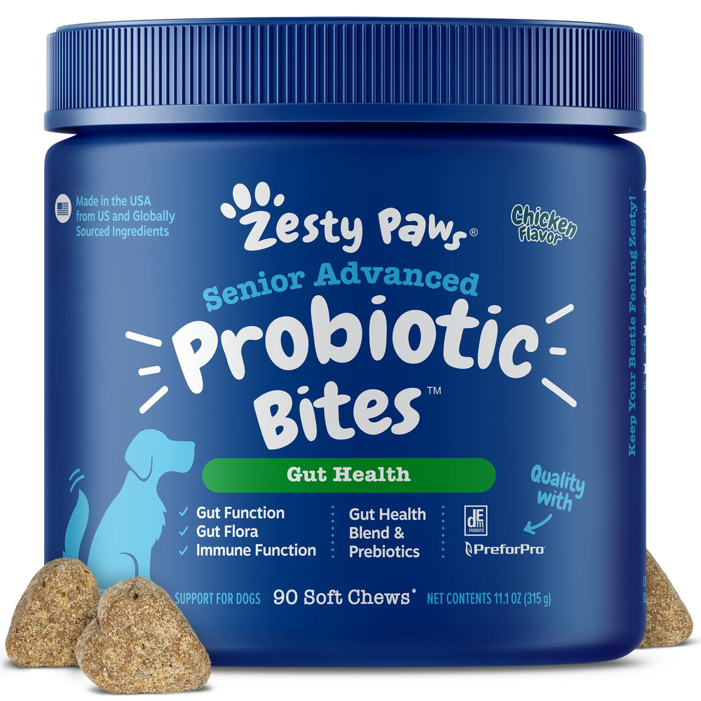 Zesty Paws emballage devant montrant le produit et bénéfice digestif