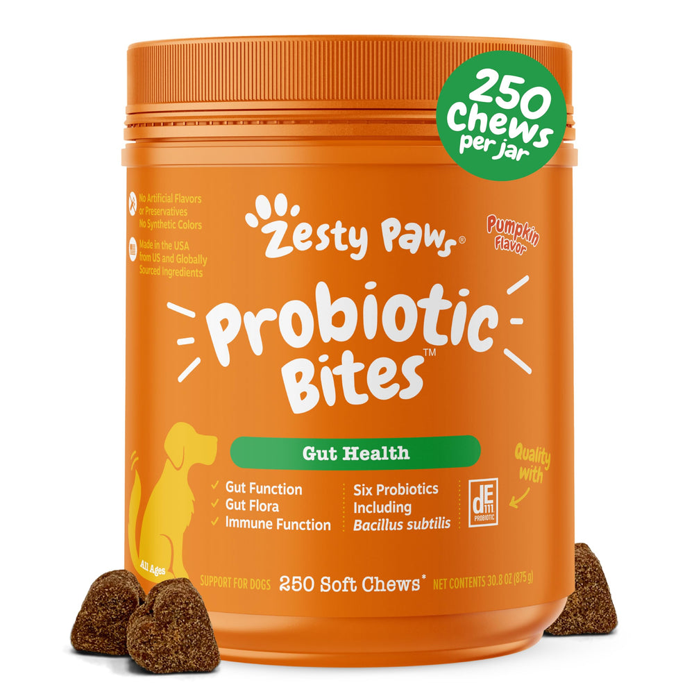 Zesty Paws emballage face montrant le format 250 chews et informations produit