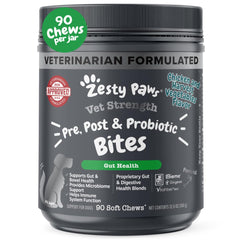 Zesty Paws emballage face montrant la formulation vet strength et bénéfice digestif