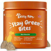 Zesty Paws emballage frontal Stay Green Bites montrant le pot et la quantité