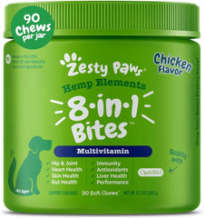 Zesty Paws flacon face montrant l’étiquette et les bénéfices visibles