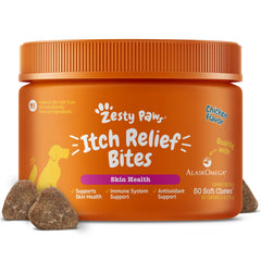 Zesty Paws emballage avant montrant boîte et bénéfice peau saine