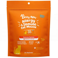 Zesty Paws emballage frontal montrant la mousse et bénéfice appétence