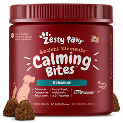 Zesty Paws emballage frontal bison montrant 90 chews bénéfice tranquillité