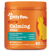 Zesty Paws emballage avant montrant pot de 60 et goût bacon bénéfice confort