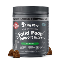 Zesty Paws paquet avant montrant 90 croquettes pour selles plus fermes et tranquillité