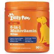 Zesty Paws pot 90 unités montrant l’emballage et l’avantage d’une administration facile
