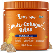 Zesty Paws pot avant montrant l'étiquette claire et bénéfices articulaires