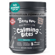 Zesty Paws pot devant montrant 90 bouchées pour calmer chiens, pratique
