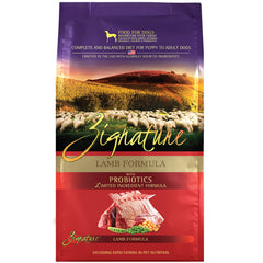 Zignature sac avant montrant la recette au mouton et bénéfice nutritionnel