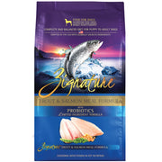 Zignature emballage avant montrant formule truite et saumon et bénéfice nutritionnel