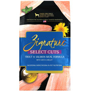 Zignature emballage avant montrant la recette Trout & Salmon et ses bénéfices nutritionnels