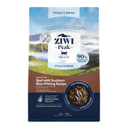 ZIWI emballage avant bœuf et Southern Blue Whiting montrant ingrédients clés et bénéfice nutritionnel