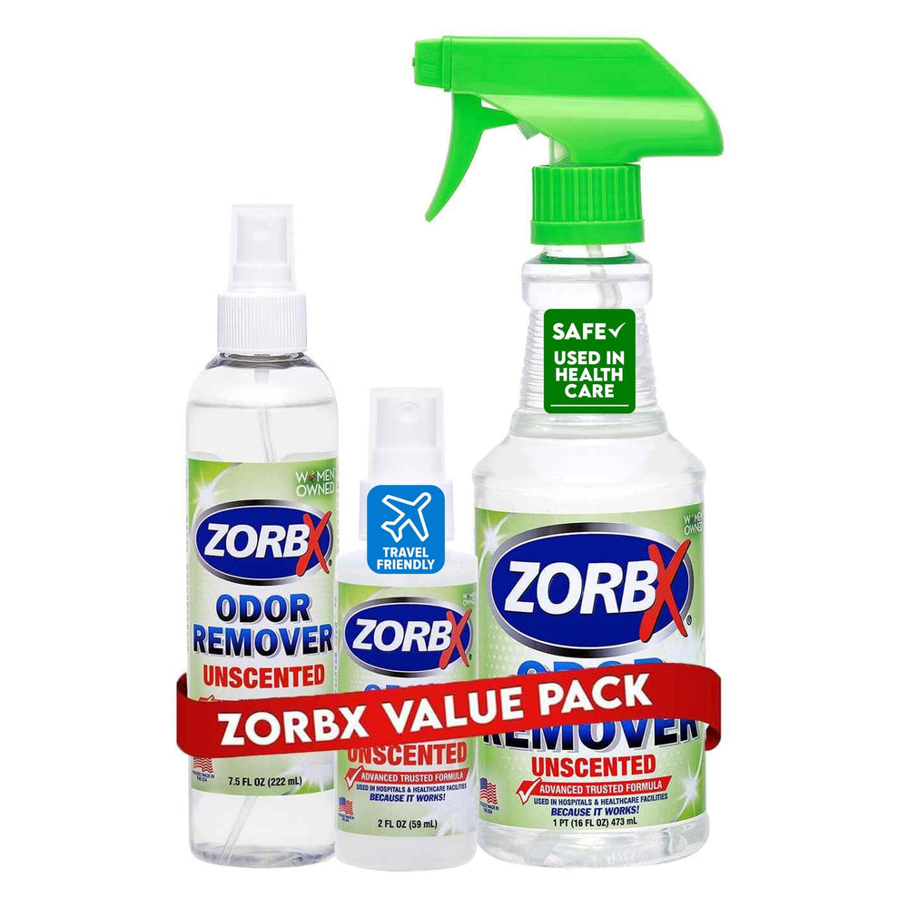 ZORBX pack complet en avant‑plan montrant trois formats pour un contrôle d'odeurs flexible