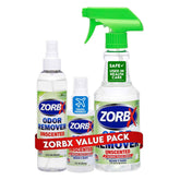 ZORBX pack complet en avant‑plan montrant trois formats pour un contrôle d'odeurs flexible