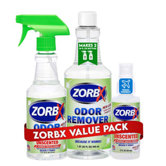 ZORBX emballage avant montrant les trois formats et bénéfice contrôle d'odeurs