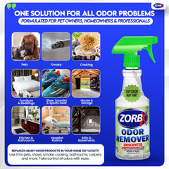 ZORBX spray appliqué sur canapé, élimine odeurs d'animaux