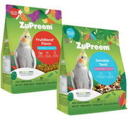 ZuPreem emballage FruitBlend et Sensible Seed montrant fraîcheur et praticité
