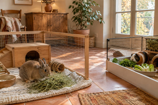 Lapin nain et cochon d'Inde chacun dans son enclos spacieux avec foin et cachette en bois, dans le séjour lumineux d'une maison française