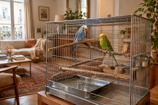 Deux perruches ondulées sur des perchoirs en bois naturel dans une grande cage rectangulaire, posée dans le salon lumineux d'un appartement français