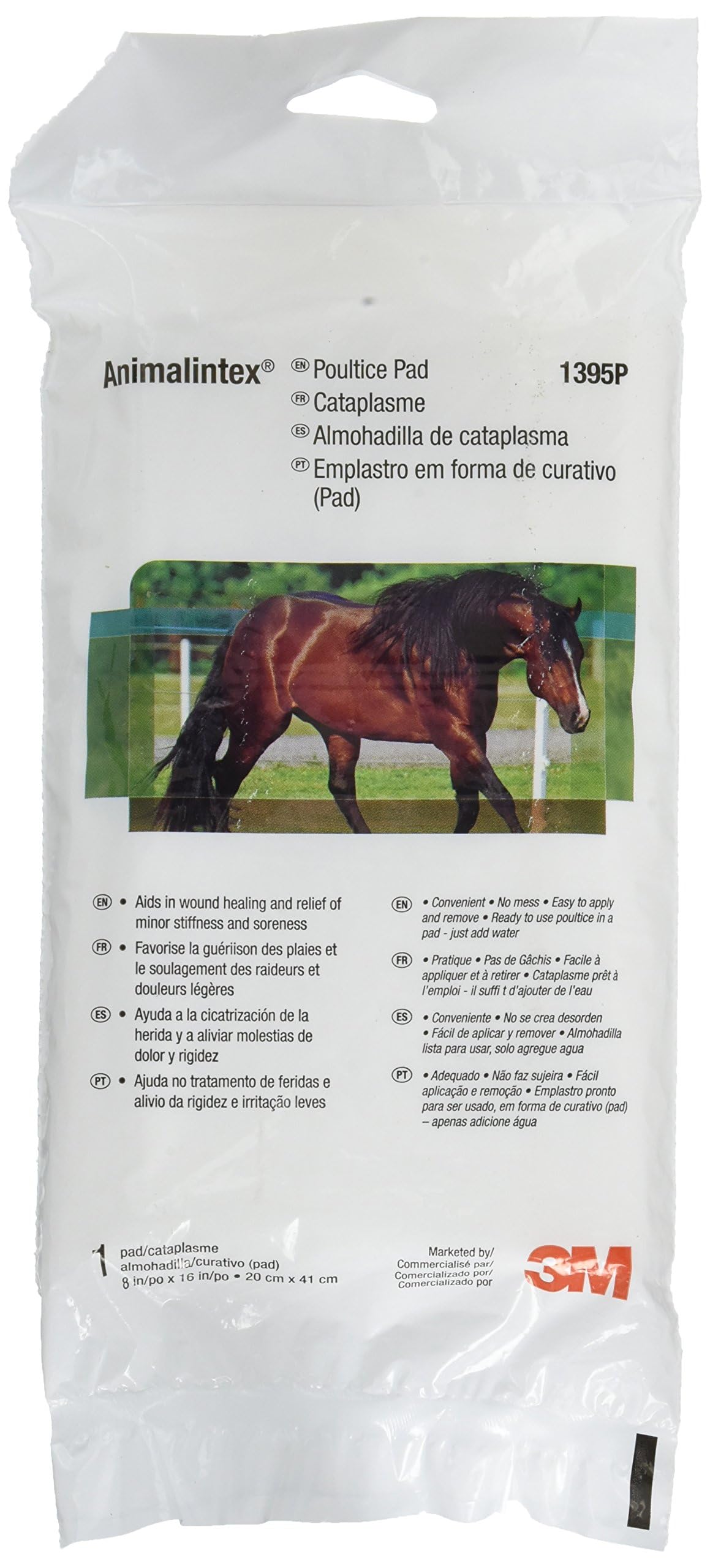 3M Animalintex emballage visible montrant cataplasme 8x16, facilite application et absorption