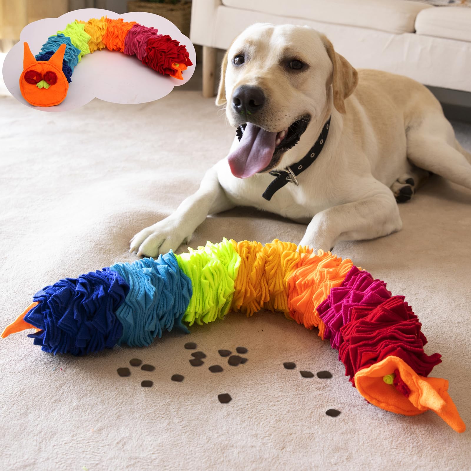 Ablechien vue avant du Snuffle Snake montrant la forme serpent et le motif coloré, encourage le jeu