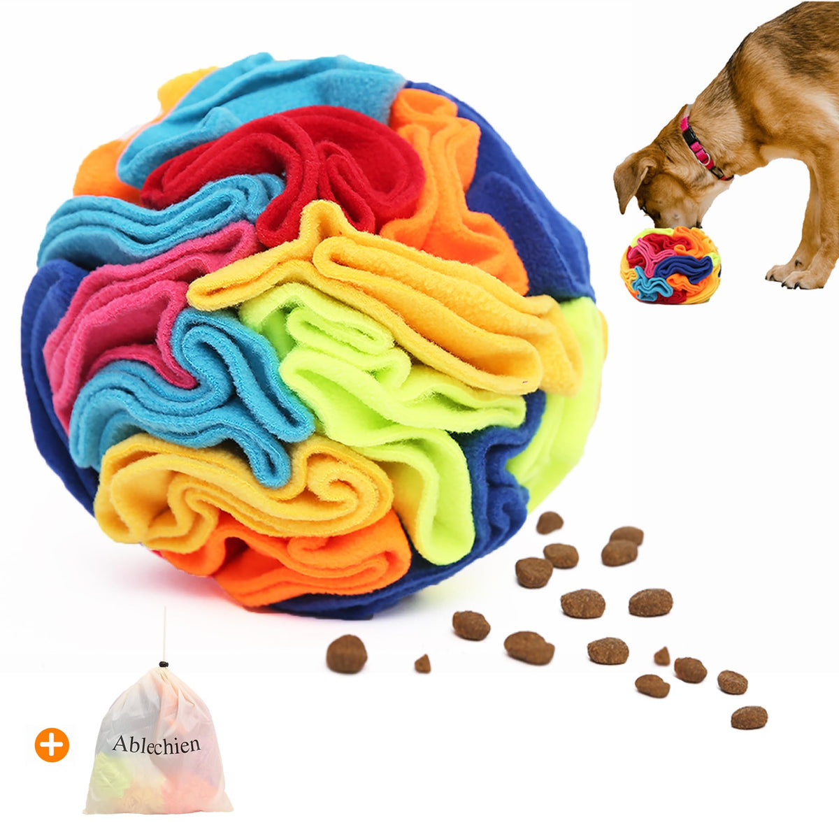 Ablechien Snuffle Ball face avant montrant les poches et la forme ludique pour stimulation