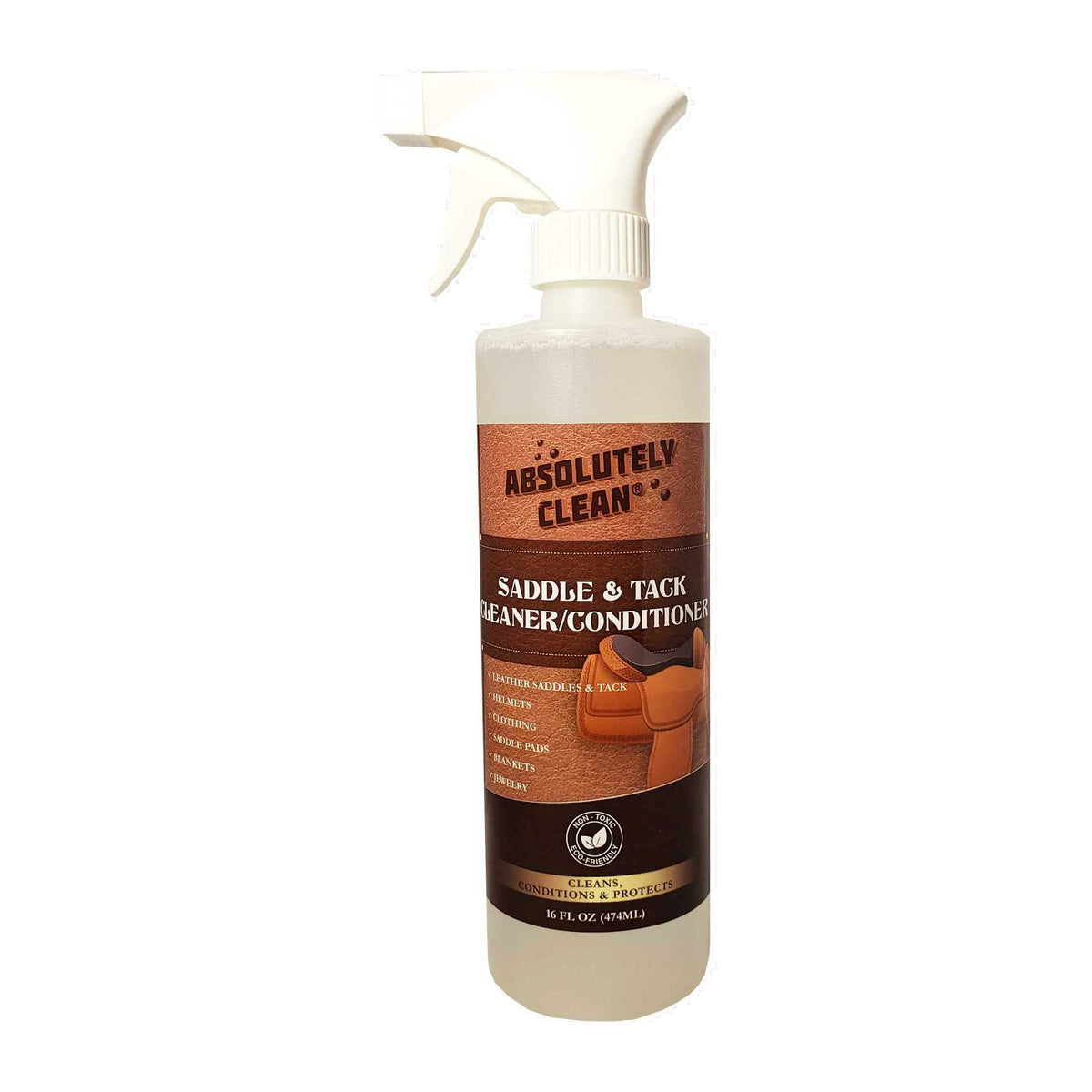 Absolutely Clean emballage du spray pour selle montrant le flacon pratique et étiquette claire
