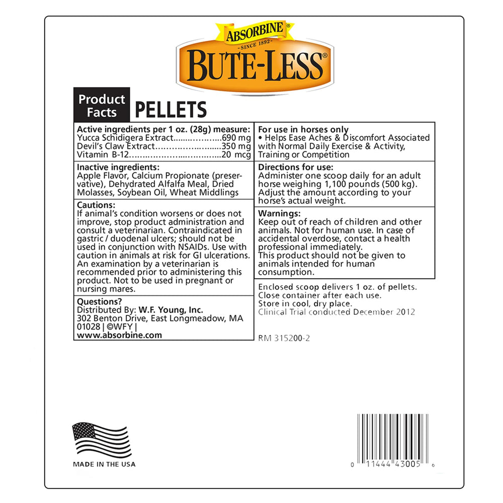 Absorbine Bute-Less gros plan des granulés visible, appétence et texture