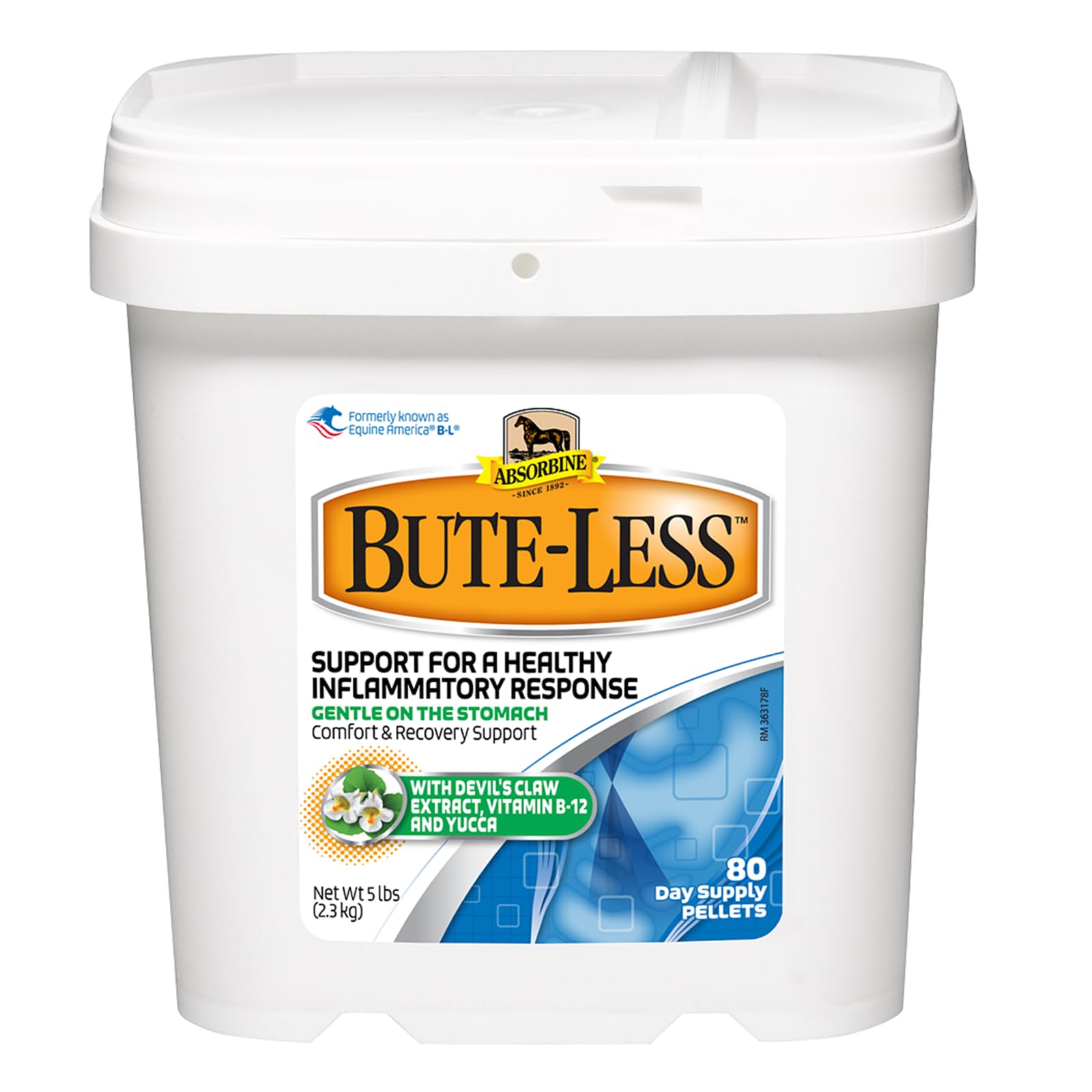 Absorbine Bute-Less seau 5 lb montrant l'emballage et durée 80 jours