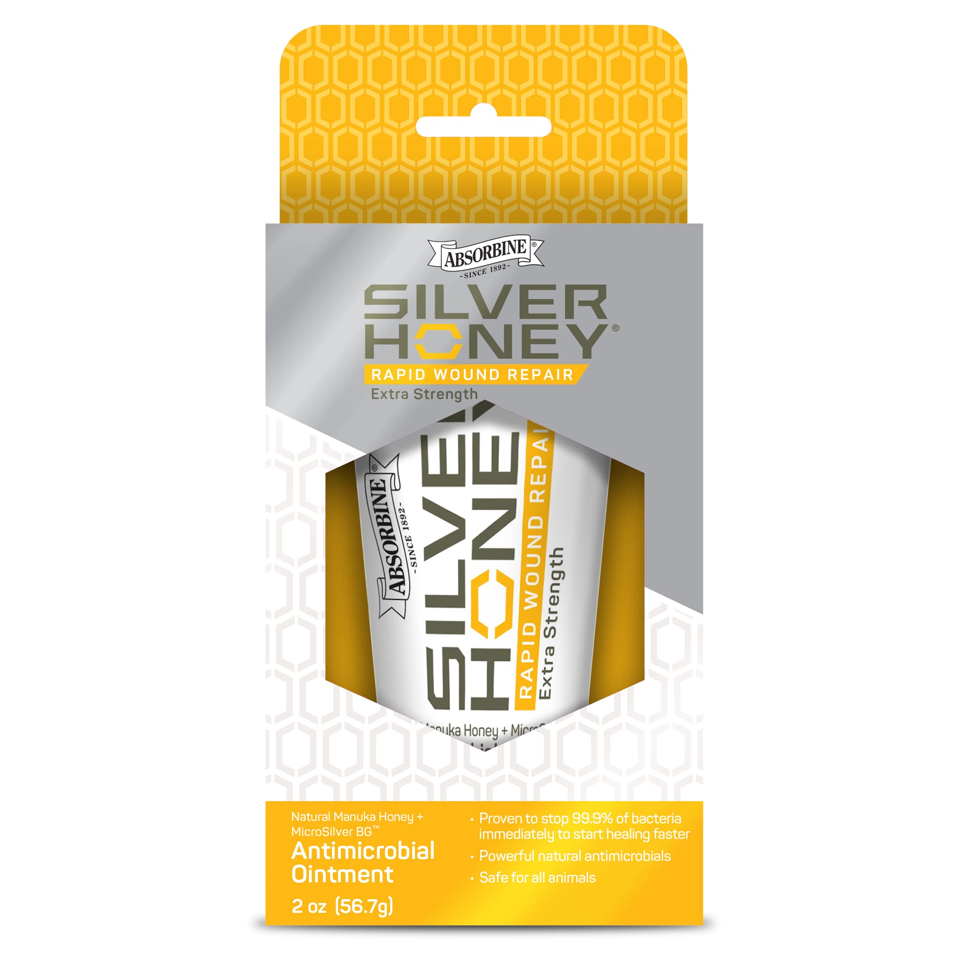Absorbine tube sur fond blanc soulignant design et information produit claire