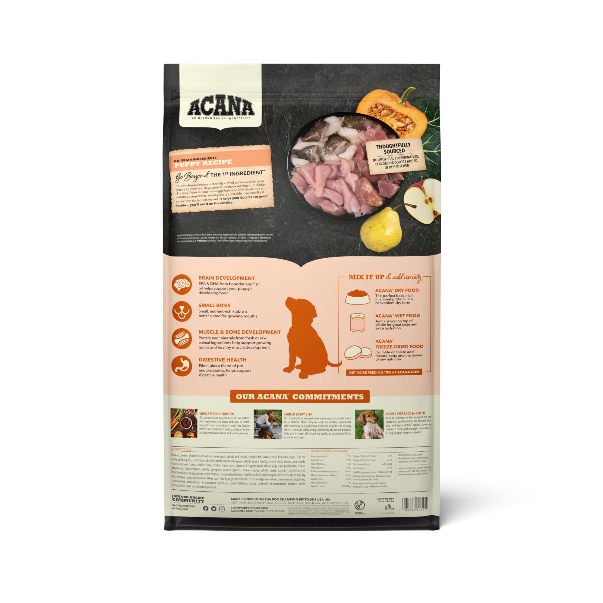 ACANA gros plan croquettes montrant qualité et appétence