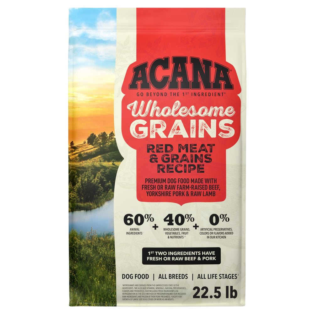 ACANA sac 22,5 lb présenté face avant montrant recette Red Meat & Grains et clair bénéfice nutritionnel