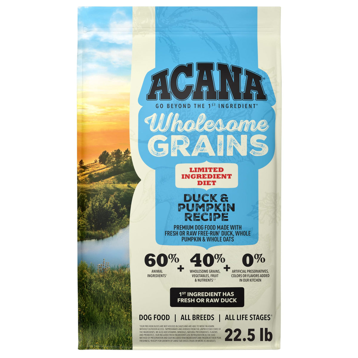 ACANA sac 22,5 lb devant montrant formule Duck & Pumpkin et praticité