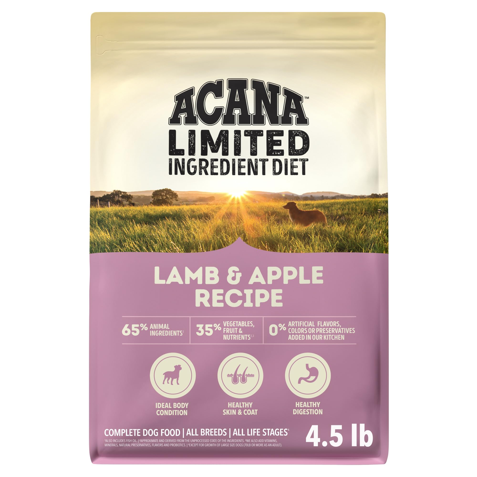 ACANA emballage 4,5 lb montrant la recette Agneau & Pomme et avantages nutritionnels