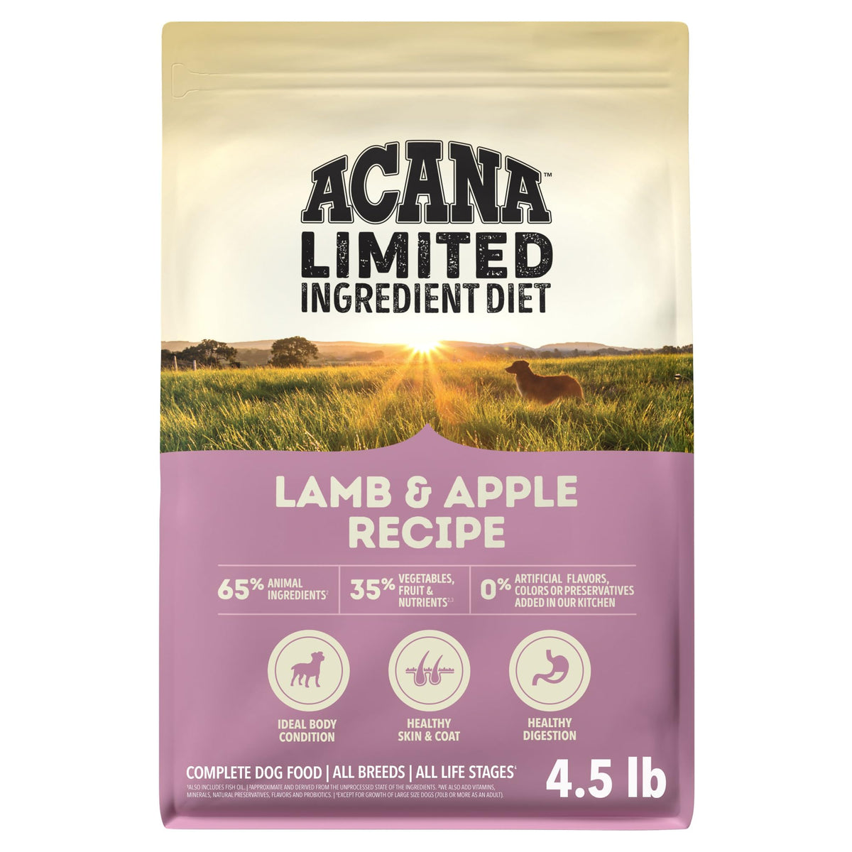 ACANA emballage 4,5 lb montrant la recette Agneau & Pomme et avantages nutritionnels