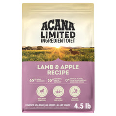 ACANA emballage 4,5 lb montrant la recette Agneau & Pomme et avantages nutritionnels