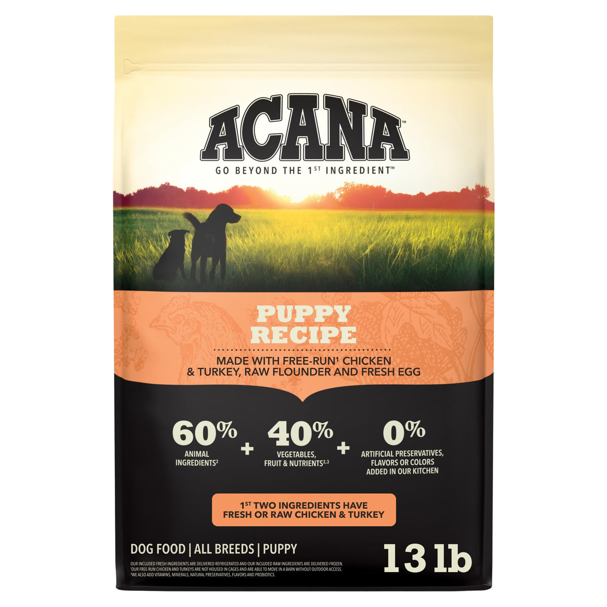 ACANA packaging avant du sac 13 lb montrant la recette Puppy et bénéfice nutritionnel