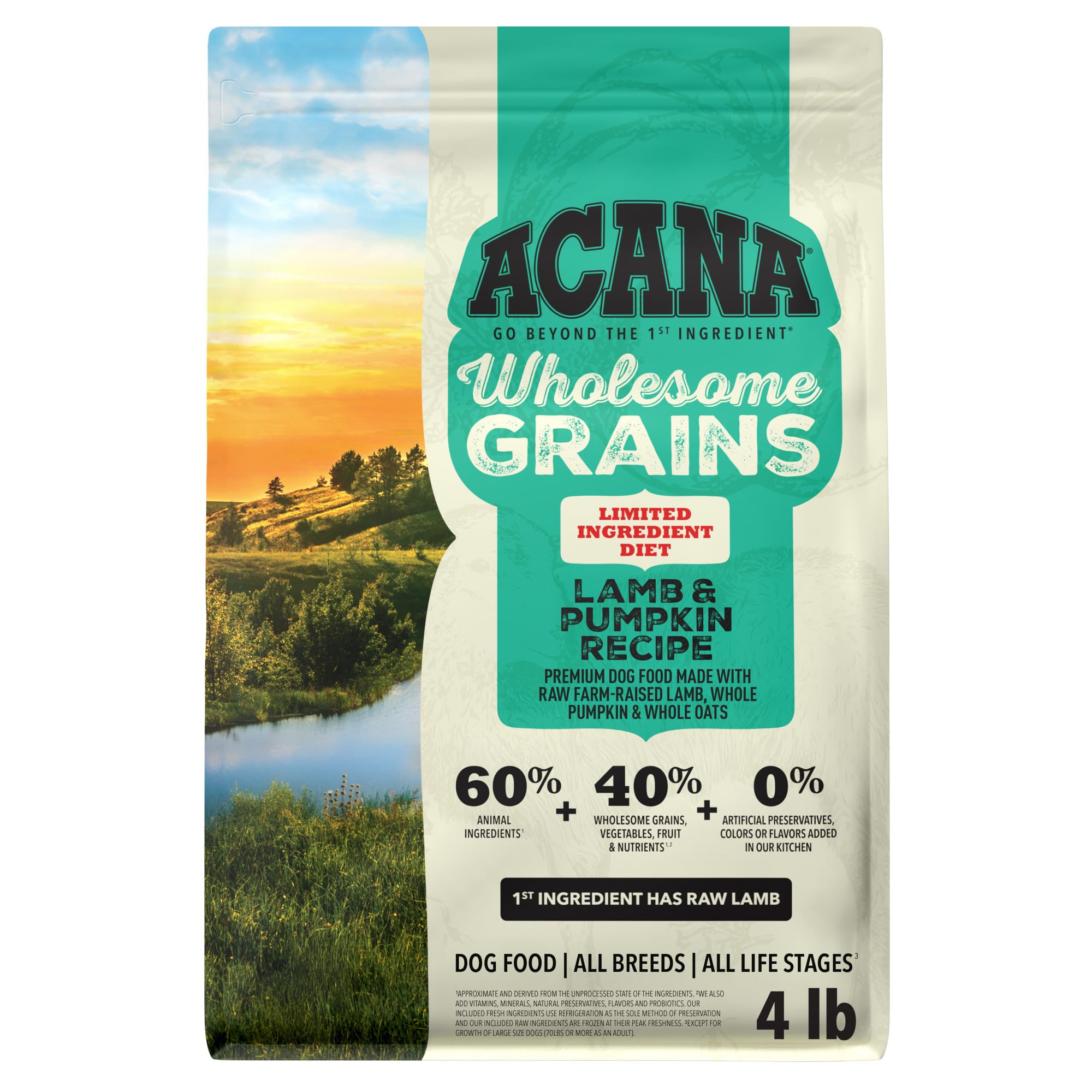 ACANA emballage avant montrant recette agneau et citrouille, bénéfice clarté produit